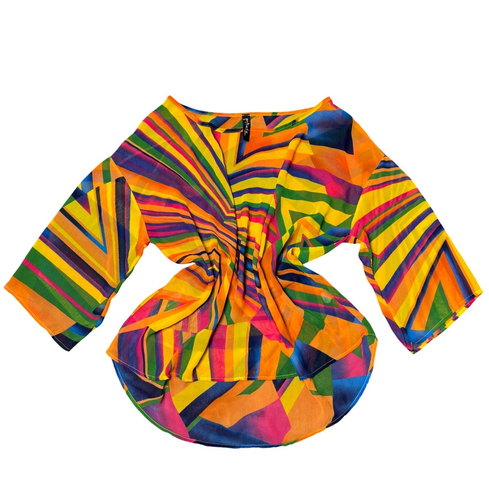 Vintage Private Gallery Oversized Top Womens Size XL Colorful Y2K Festival Sheer - Picture 3 of 8